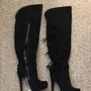 Black fringe boots with side zip